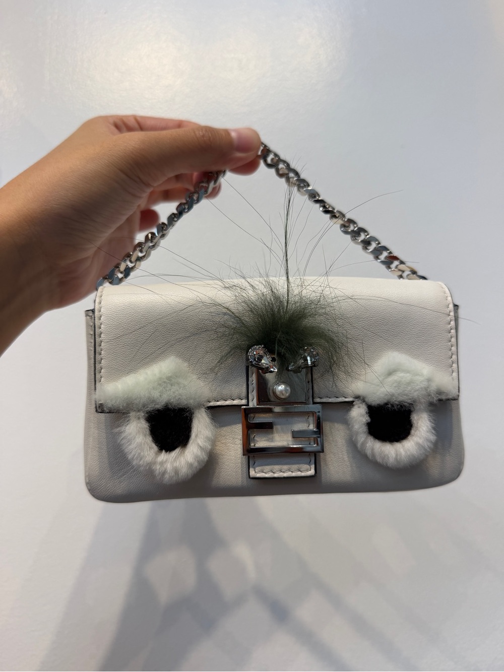 Fendi Micro Baguette Monster White Leather Crossbody Bag